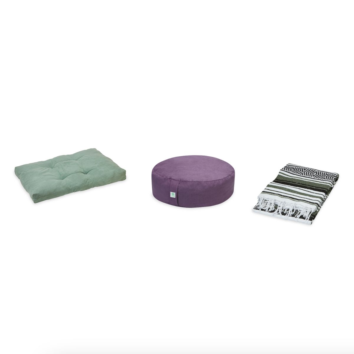 Meditation Bundle - Zabuton (Sage), Zafu (Purple), Blanket (Olive/Black/White)