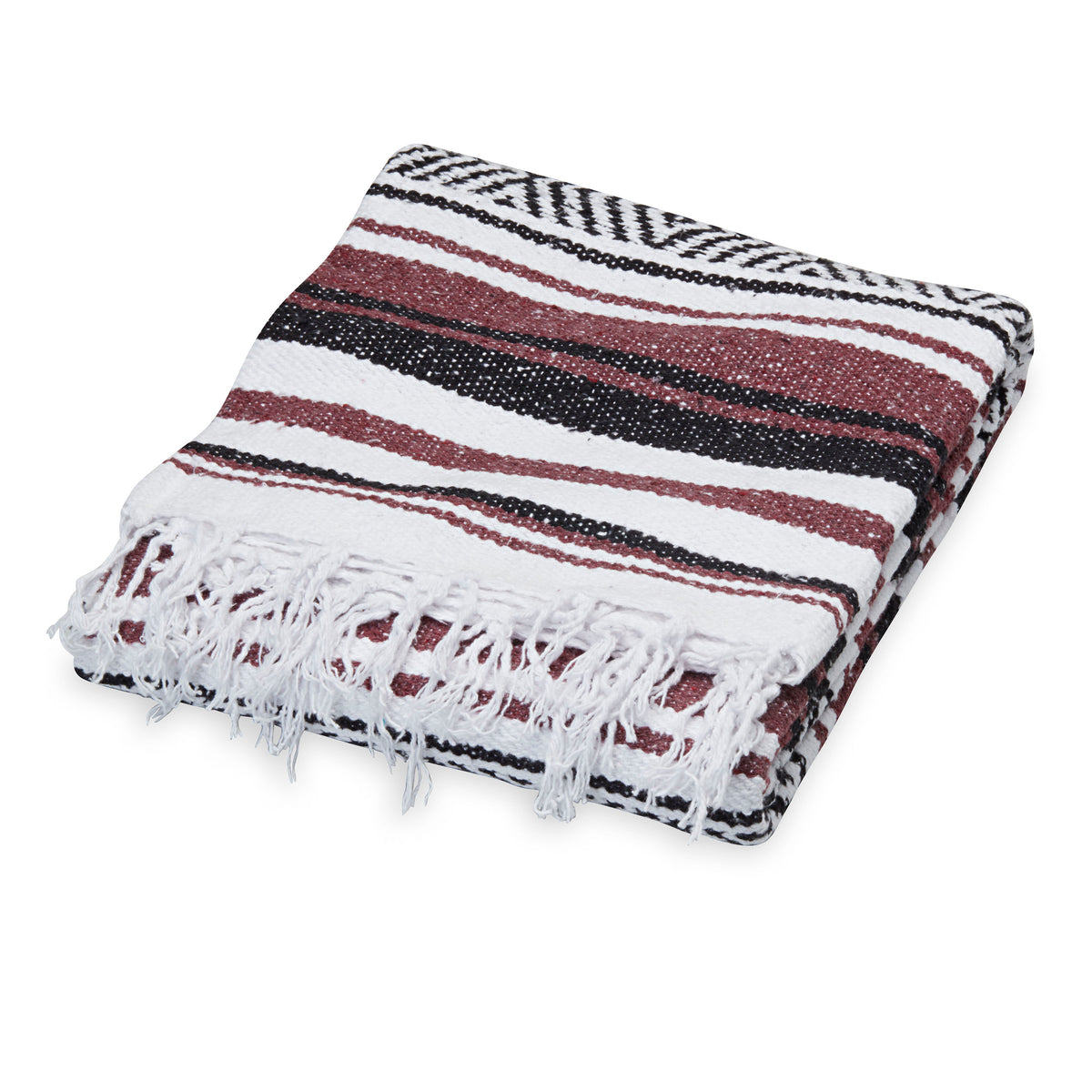 Traditional Mexican Woven Blanket Burgundy/White/Black folded