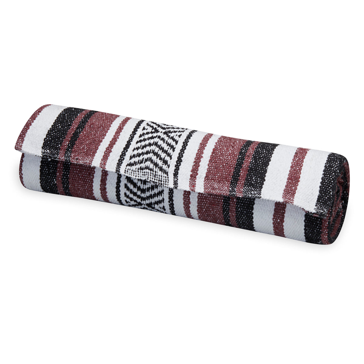 Traditional Mexican Woven Blanket Burgundy/White/Black rolled up