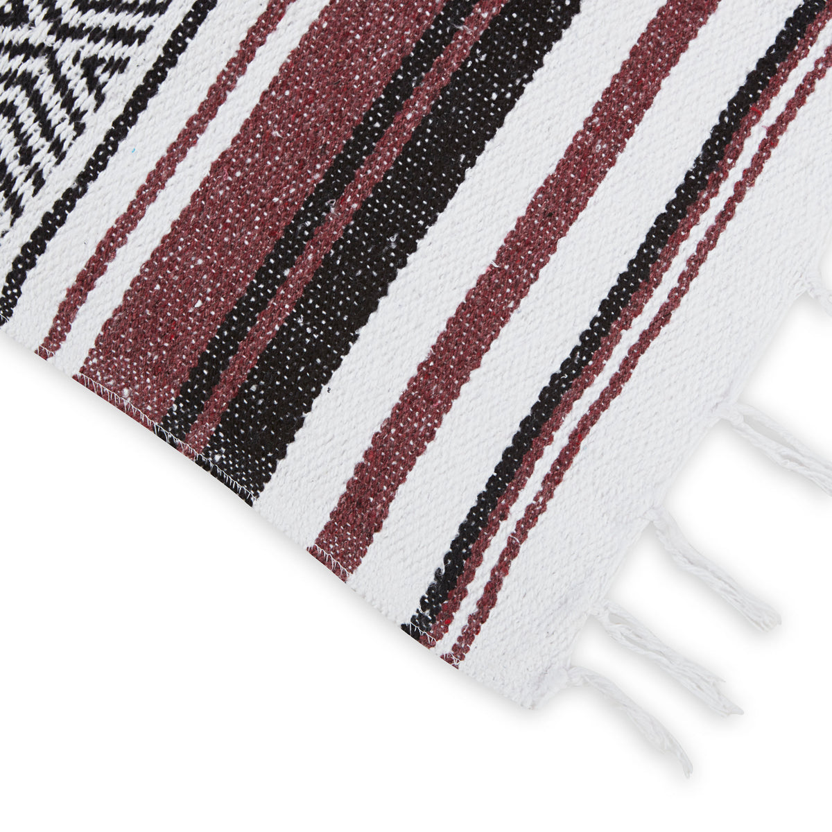 Traditional Mexican Woven Blanket Burgundy/White/Black closeup