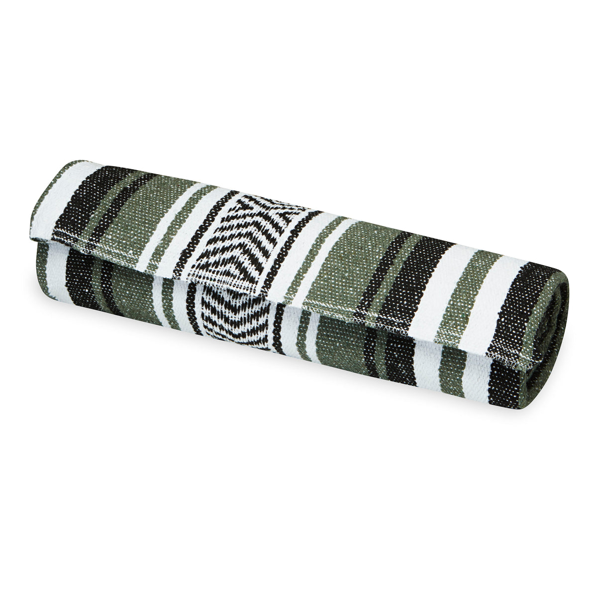 Traditional Mexican Woven Blanket Olive/White/Black rolled up