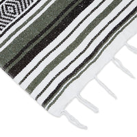Traditional Mexican Woven Blanket Olive/White/Black tassel closeup
