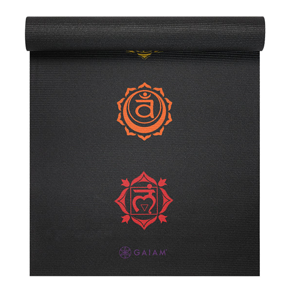 Premium Black Chakra Yoga Mat (6mm) top rolled