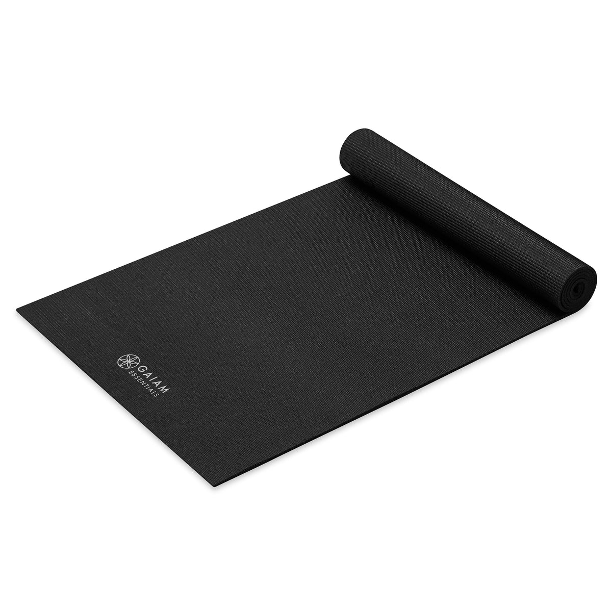 Gaiam Essentials Yoga Mat Black top rolled angle