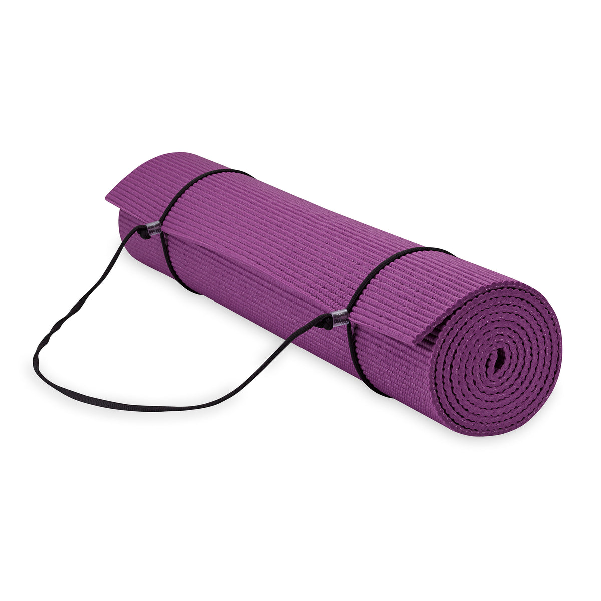 Gaiam Essentials Yoga Mat Purple rolled up with sling