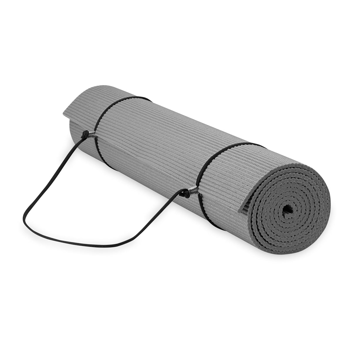 Gaiam Essentials Yoga Mat Grey rolled up with sling