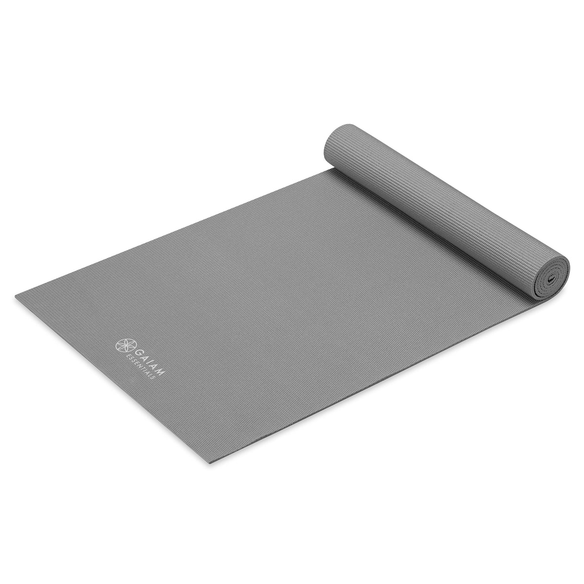 Gaiam Essentials Yoga Mat Grey top rolled angle