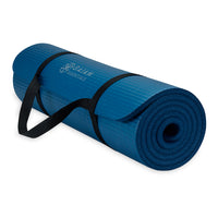 Gaiam Essentials Fitness Mat & Sling (10mm) navy rolled with sling angle