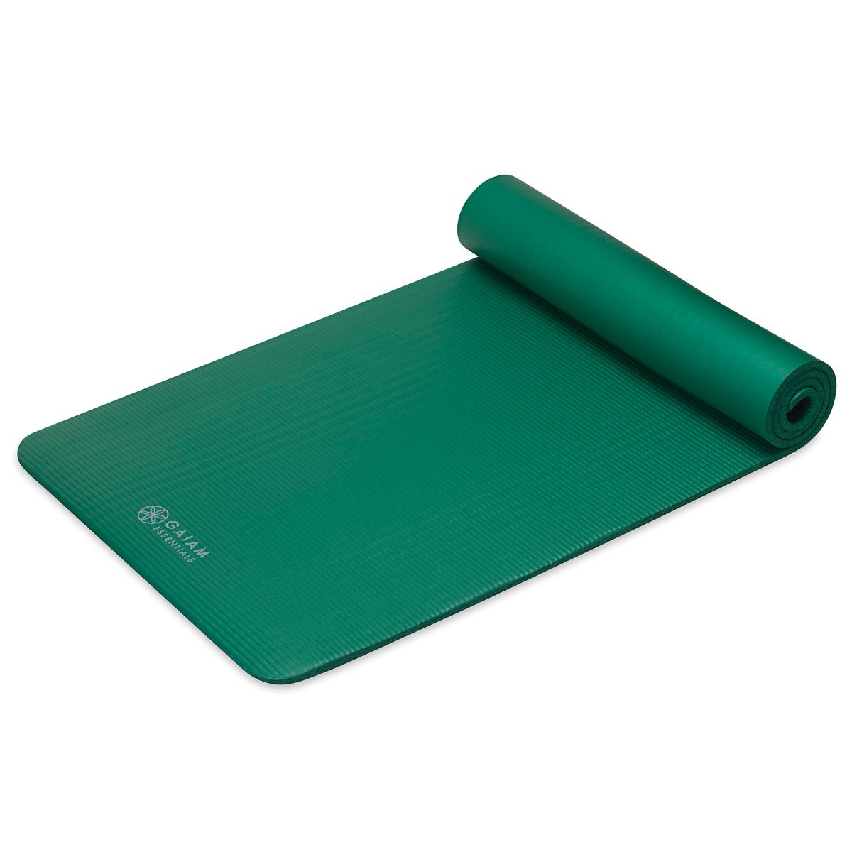 Gaiam Essentials Fitness Mat & Sling (10mm) green top rolled angle