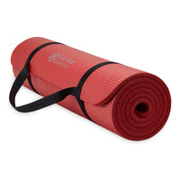 Gaiam Essentials Fitness Mat & Sling (10mm) red rolled with sling angle