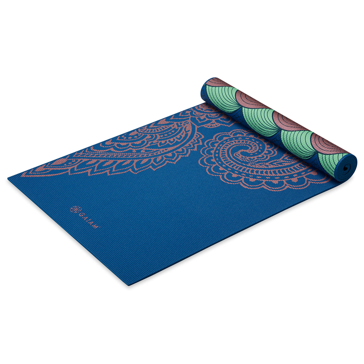 Premium Metallic Reversible Scalloped Ink Yoga Mat (6mm) half rolled angled