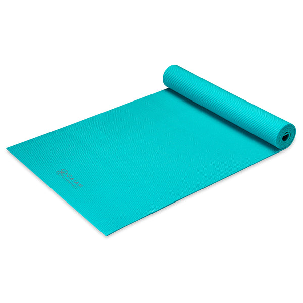 Gaiam Essentials Yoga Mat Teal top rolled angle