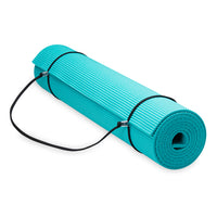 Gaiam Essentials Yoga Mat Teal rolled up with sling