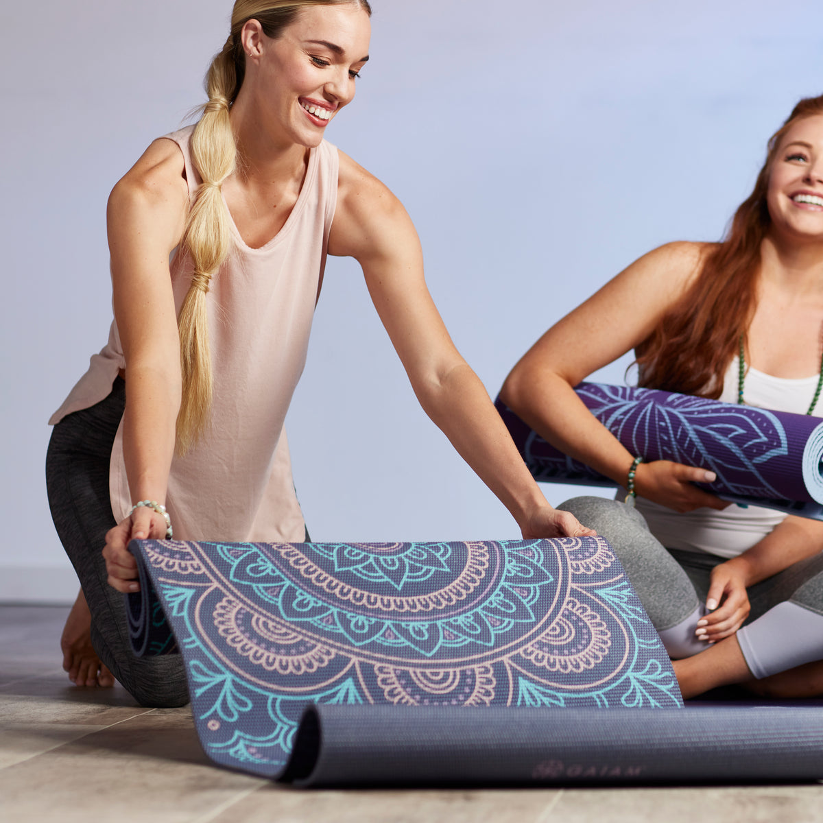 Premium Photo  Active kids home pilates girl unrolling yoga mat