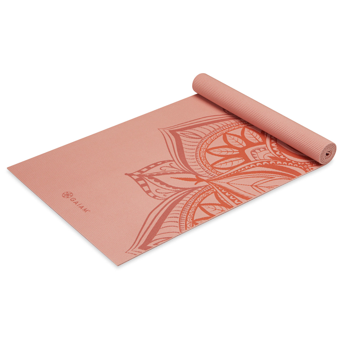 Gaiam Printed Point Yoga Mat (5mm) Sunset Point top rolled angle