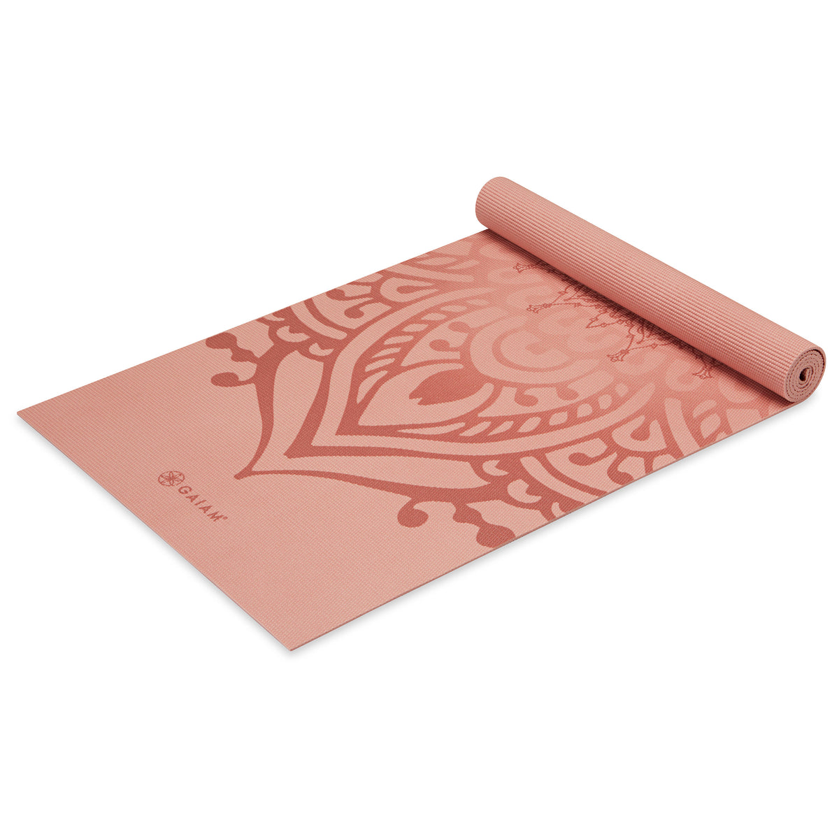 Gaiam Sundial Yoga Mat (5mm) Cantaloupe Sundial top rolled angle