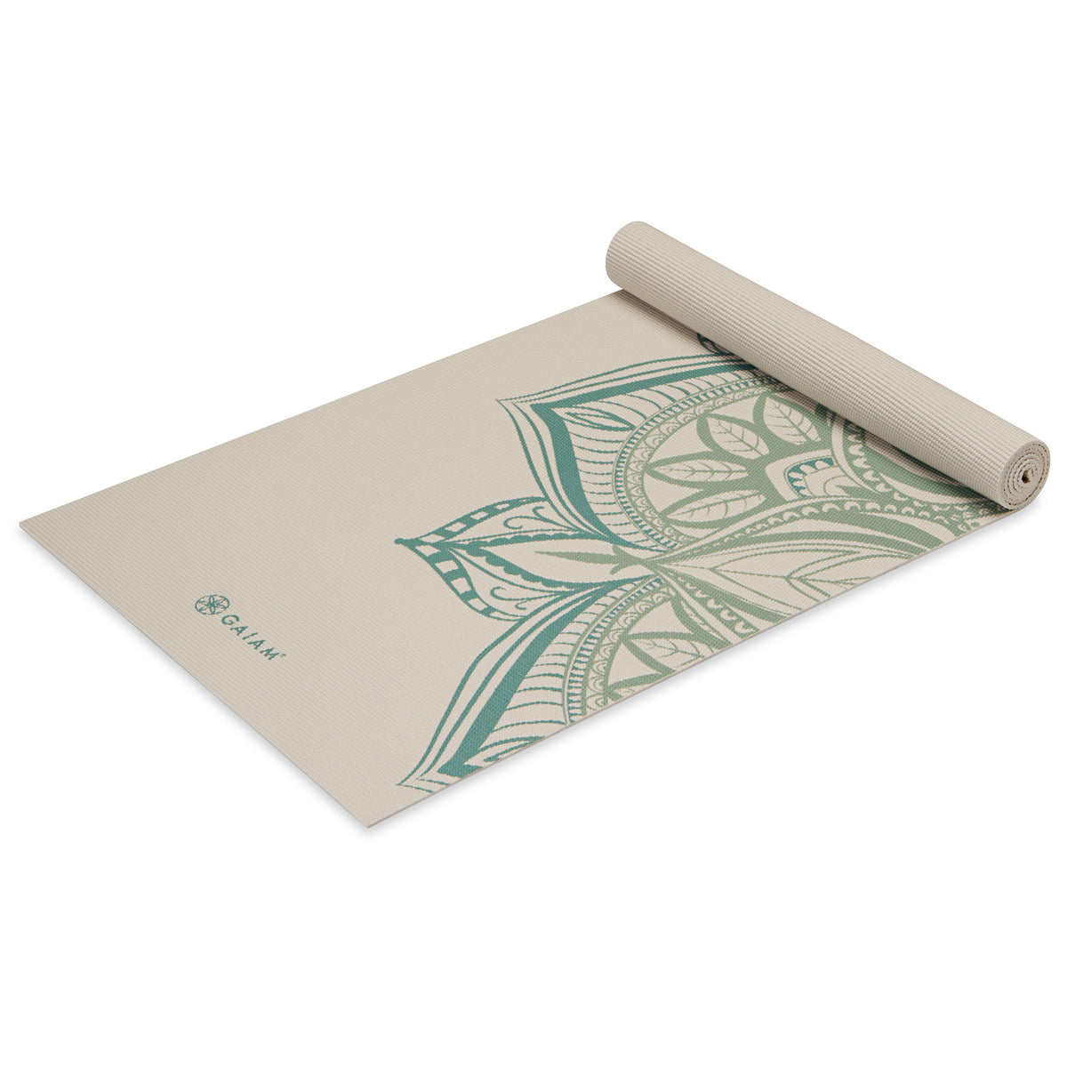 Gaiam Printed Point Yoga Mat (5mm) Vintage Green Point top rolled angle