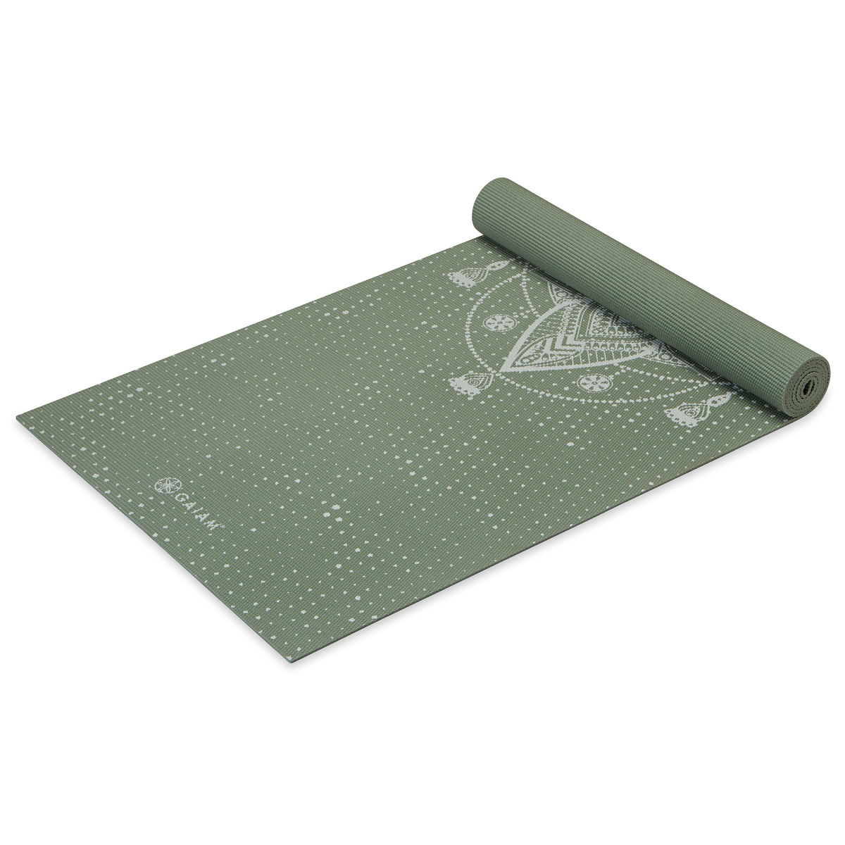 Gaiam Celestial Green Yoga Mat (5mm) top rolled angle