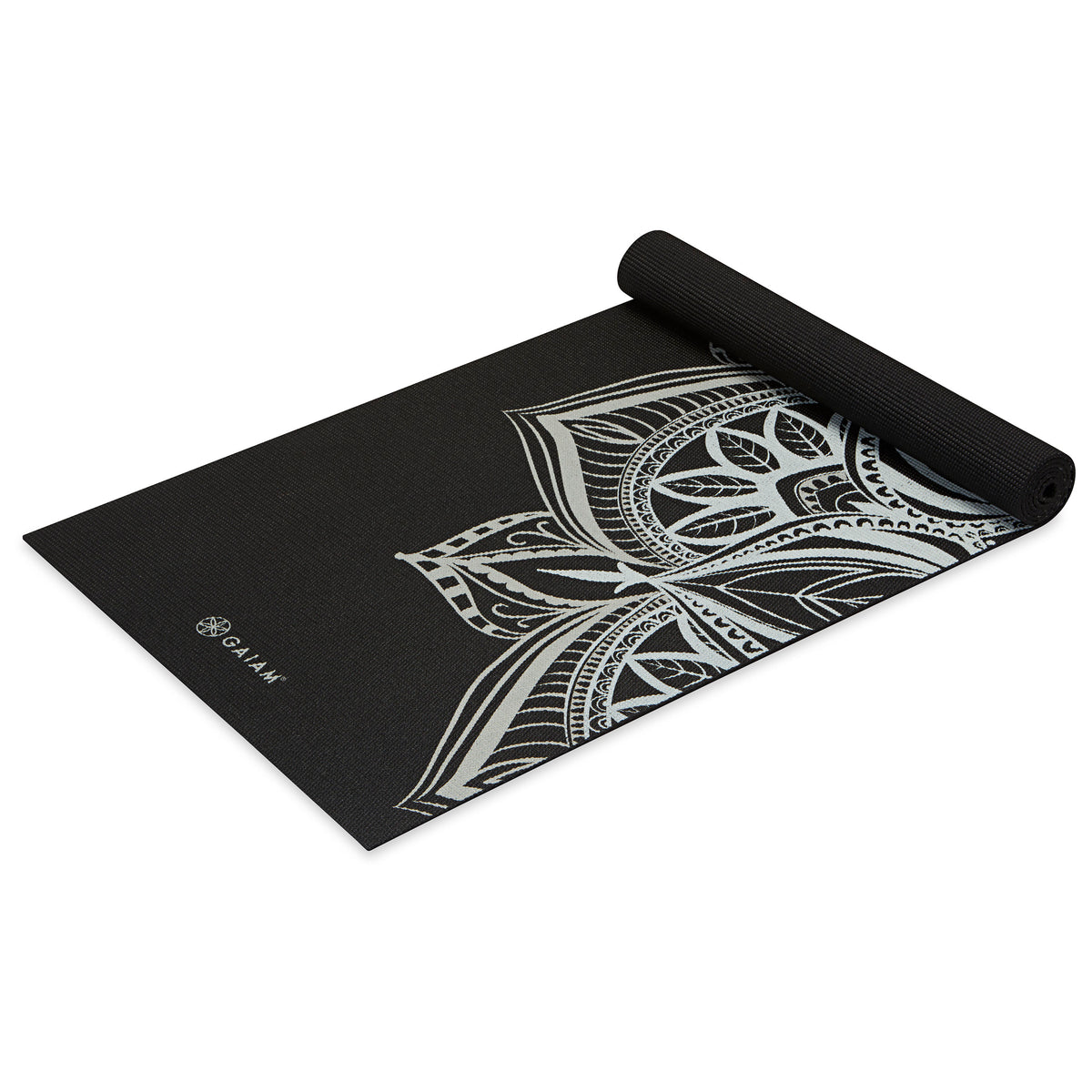 Gaiam Printed Point Yoga Mat (5mm) Midnight Point top rolled angle