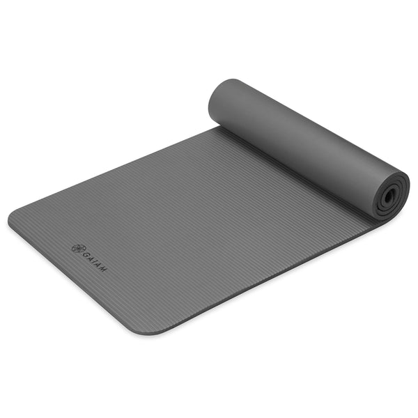 Gaiam Fitness Mat (10mm) Grey top rolled angle