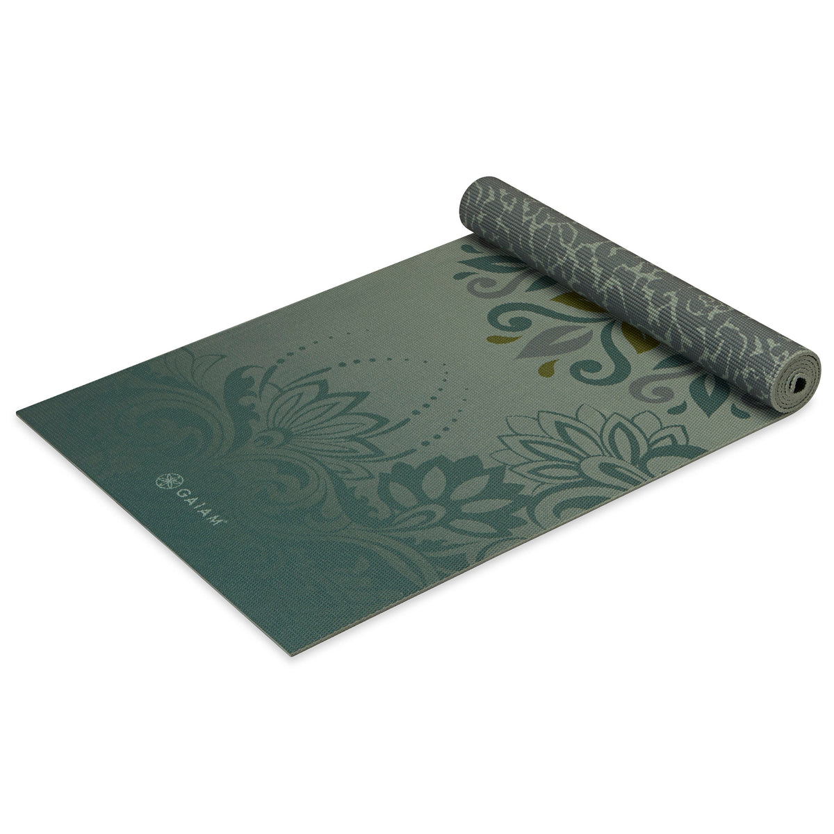 Premium Reversible Yoga Mat - Perpetual Blossom (6mm) top rolled angle