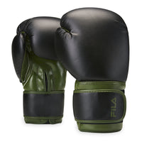 green and black boxing gloves angled view