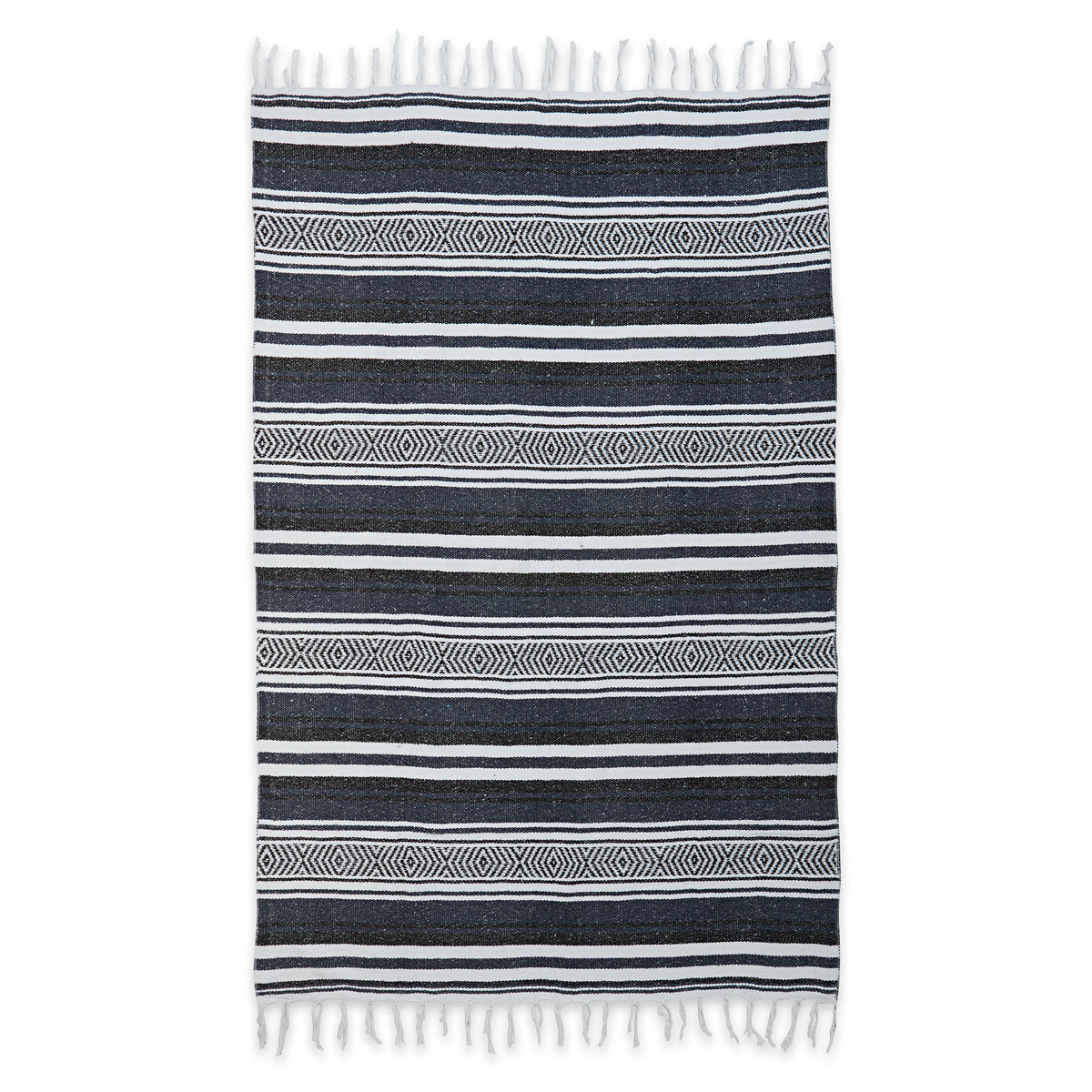 Traditional Mexican Woven Blanket Navy/Black flat